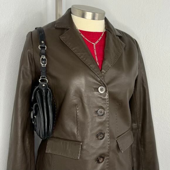 Lambskin Leather Brown Button Blazer Jacket Size Large - Picture 1 of 12